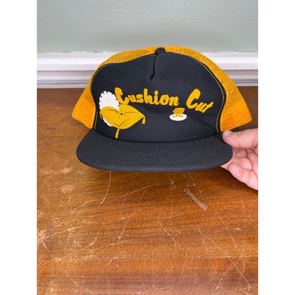 Other - Vintage Cushion Cut Trucker Hat Mens Yellow Black Mesh Snapback Made in USA 80s